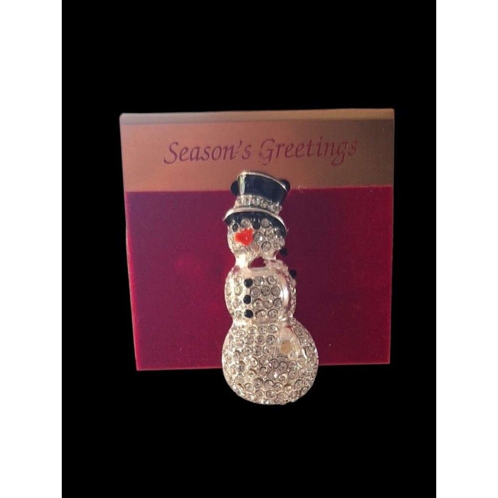 Crystal Snowman Holiday Brooch - Clear and Black with Red Accent